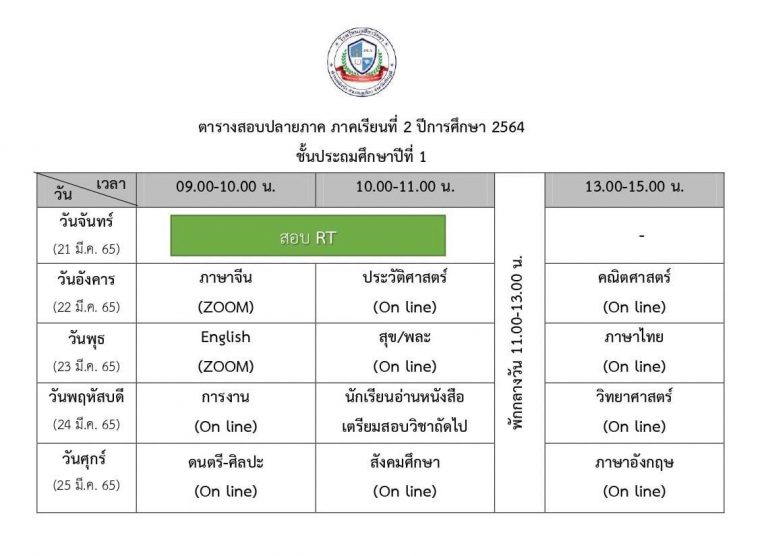 ตารางสอบปลายภาคเรียนที่ 2 ปีการศึกษา 2564